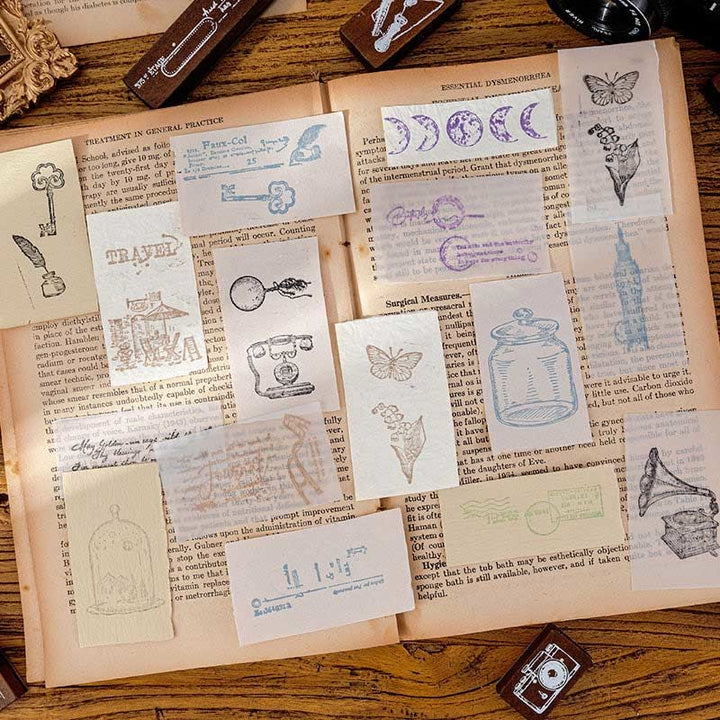 7Pcs Vintage Wood Rubber Stamps Set Theme of Travel Diary Nature Antique