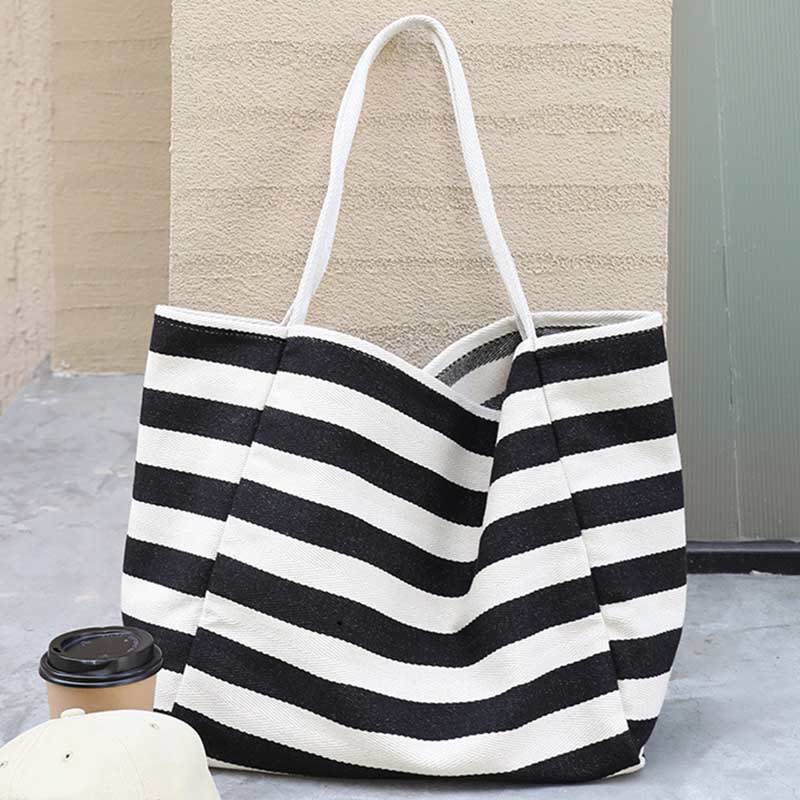 Color Contrast Stripe Shoulder Bag For Women Large Canvas Tote