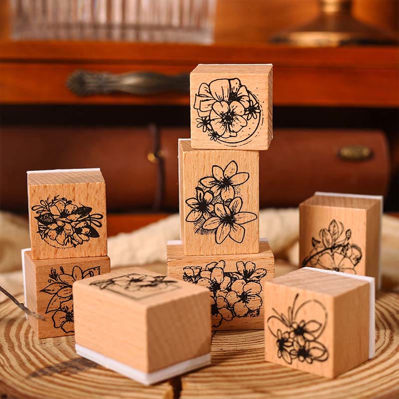 Flower Seal Wooden Rubber Stamps 8 Style Floral Decorative Rubber Stamp