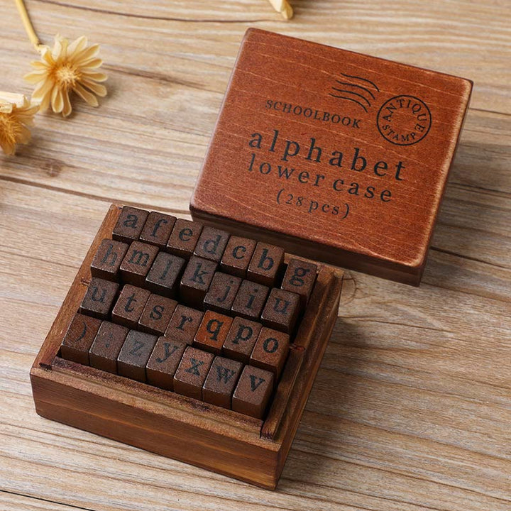 28Pcs Handwriting Schoolbook Alphabet Rubber Stamps Set Retro Wooden Stamps