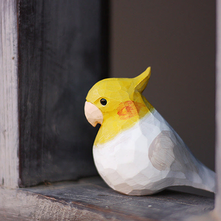 Wooden Bird Figurine Lutino cockatiel Statue Animal Ornament Handmade Simulation