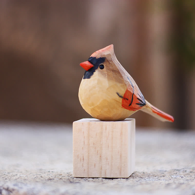 Wooden Bird Figurine Female Northern Cardinal Statue Couple Bird Animal Ornament Handmade Simulation