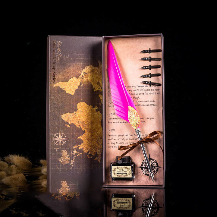 Gold Leaf Feather Pen Map Calligraphy Pen Set with Ink