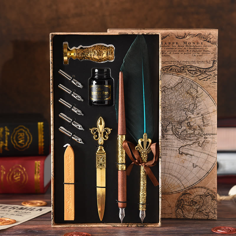 Feather Quill Pen and Ink Set Antique Carving Calligraphy Pen and Ink Set