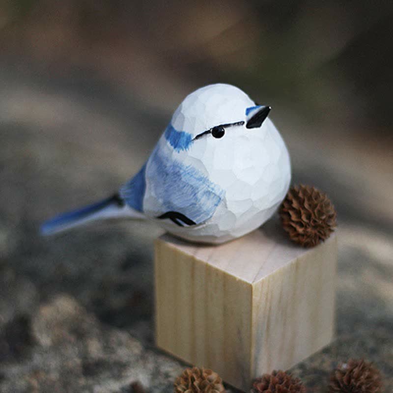 Wooden Bird Figurine Azure Tit Statue Animal Ornament Handmade Simulation