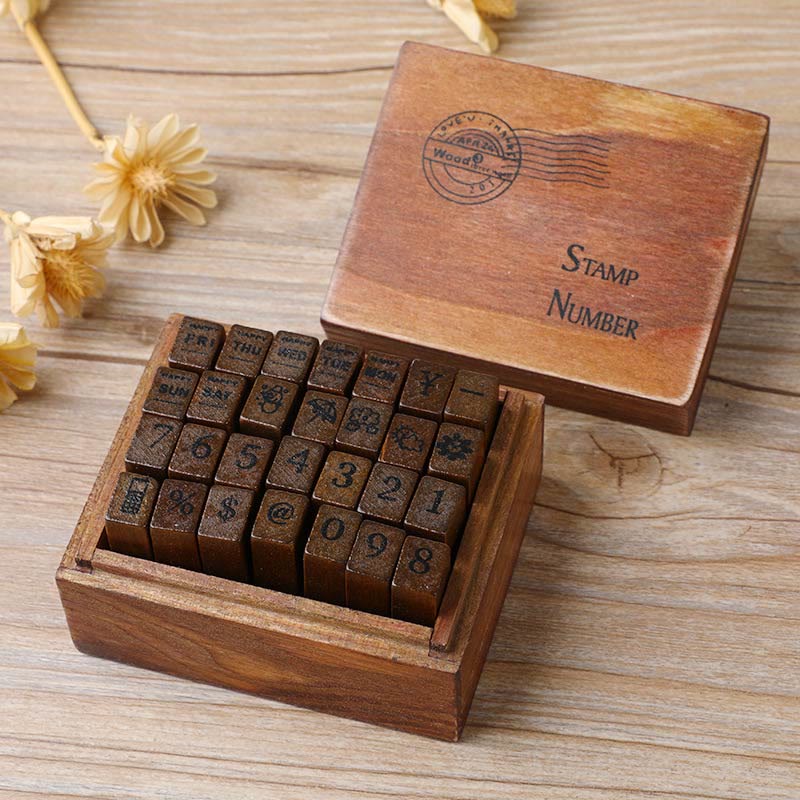 28Pcs Handwriting Schoolbook Alphabet Rubber Stamps Set Retro Wooden Stamps