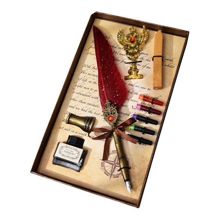 European Style Feather Pen Set With Seal Stamps Wax Sticks Retro Quill Pen Gift Box