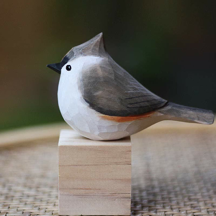 Wooden Bird Figurine Tufted Titmouse Statue Animal Ornament Handmade Simulation