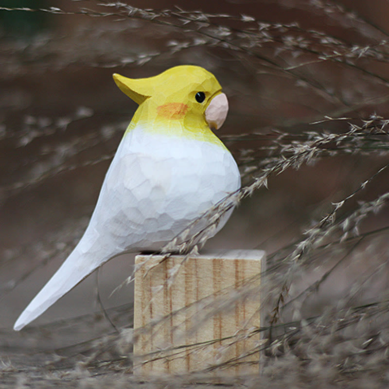 Wooden Bird Figurine Lutino cockatiel Statue Animal Ornament Handmade Simulation