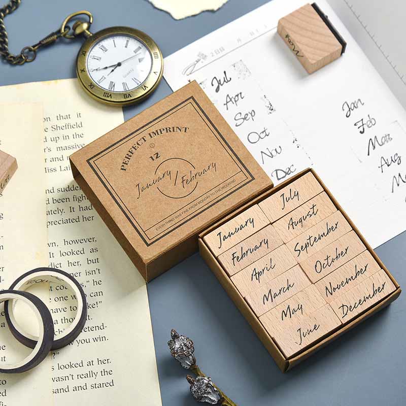 Month Weekday Number Wooden Stamps Set Wooden Stamp Rubber Stamp Set