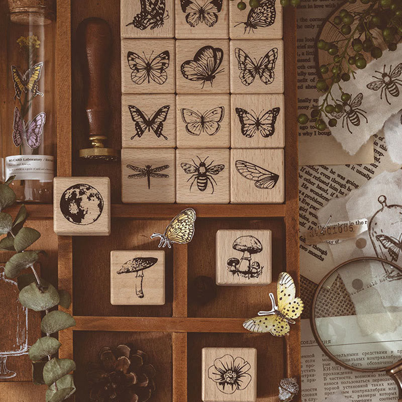 Forest Specimen Series 16 Styles Wooden Rubber Stamps Butterfly Mushroom Insect