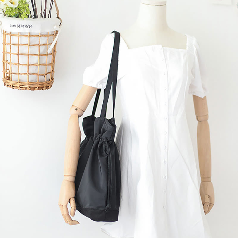 Minimalist Drawstring Shoulder Bag For Women Plain Color Nylon Purse