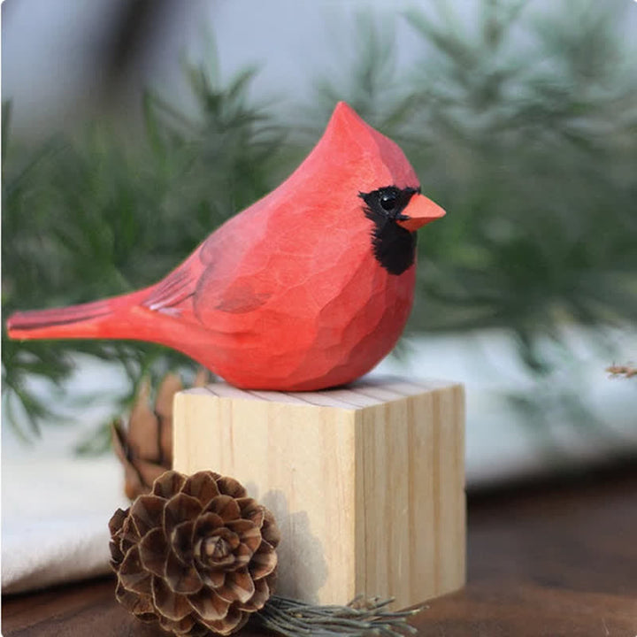 Wooden Bird Figurine Male Northern Cardinal Statue Couple Bird Animal Ornament Handmade Simulation