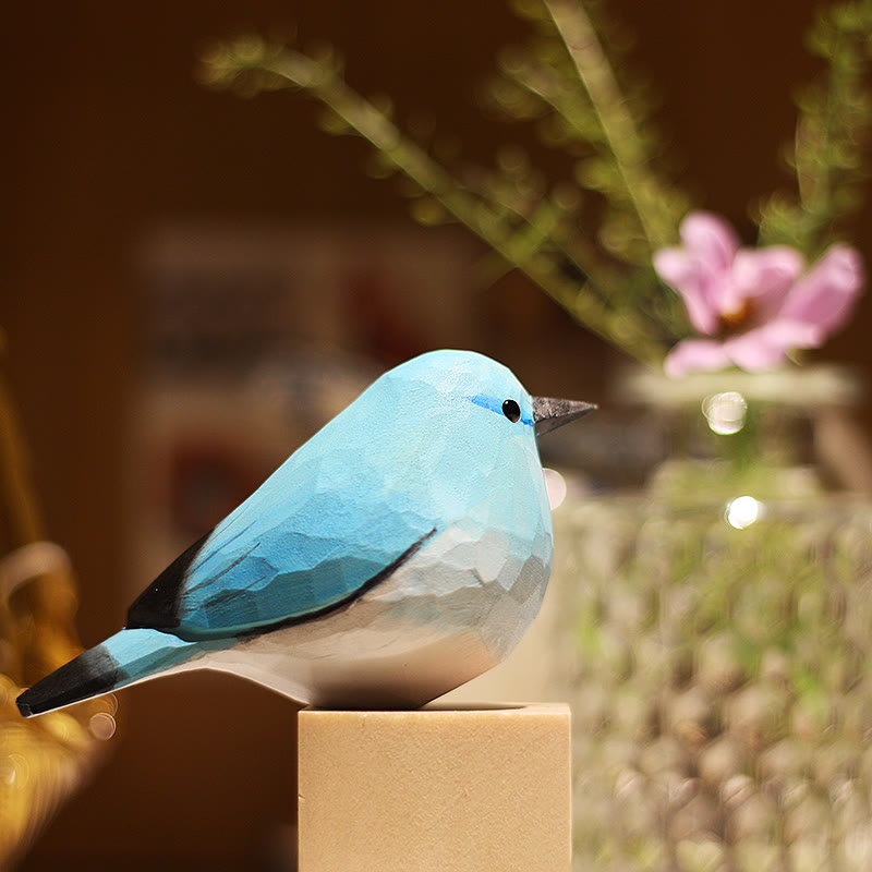 Wooden Bird Figurine Bluebird Statue Animal Ornament Handmade Simulation