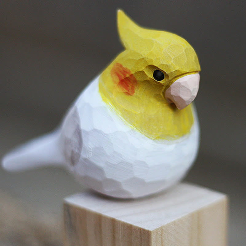 Wooden Bird Figurine Lutino cockatiel Statue Animal Ornament Handmade Simulation