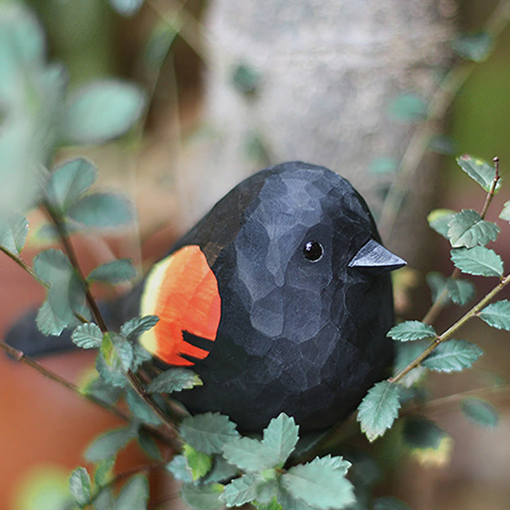 Wooden Bird Figurine Red-winged blackbird Statue Animal Ornament Handmade Simulation