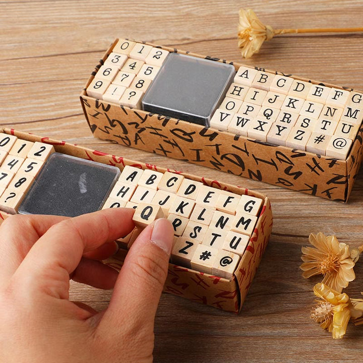 40Pcs Alphabet Wooden Rubber Stamps Set with Inkpad Uppercase Lowercase Letters