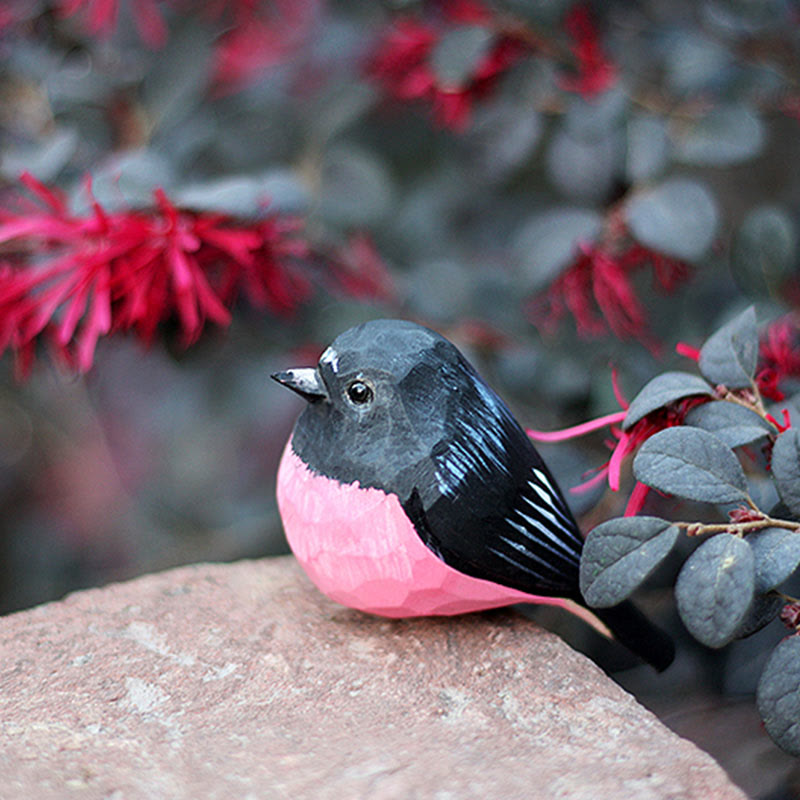 Wooden Bird Figurine Pink robin Statue Animal Ornament Handmade Simulation