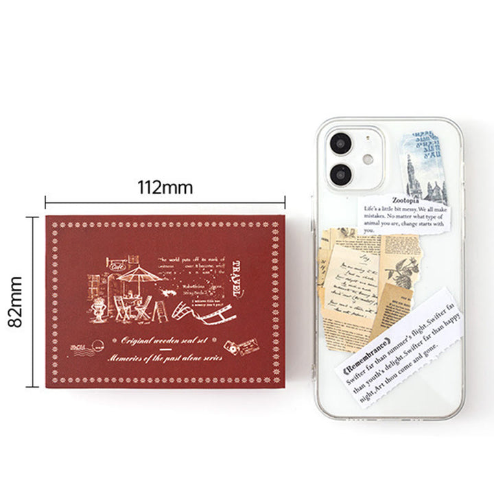 7Pcs Vintage Wood Rubber Stamps Set Theme of Travel Diary Nature Antique