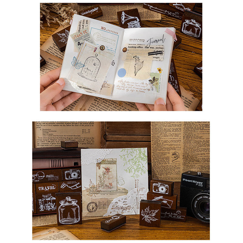 7Pcs Vintage Wood Rubber Stamps Set Theme of Travel Diary Nature Antique