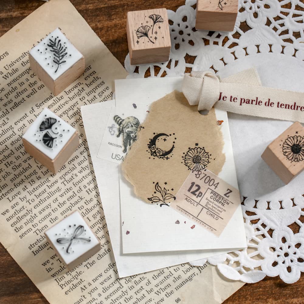 16Pcs Wooden Rubber Stamps Botanical Decorative Set Bowknot Flower Plants