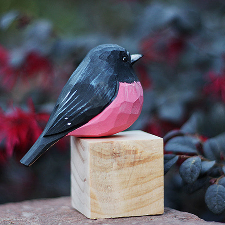 Wooden Bird Figurine Pink robin Statue Animal Ornament Handmade Simulation