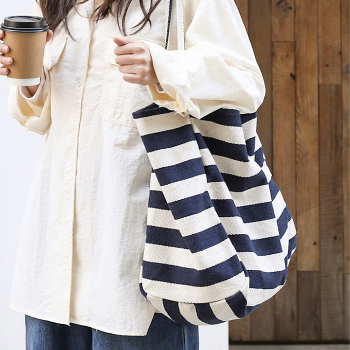 Color Contrast Stripe Shoulder Bag For Women Large Canvas Tote