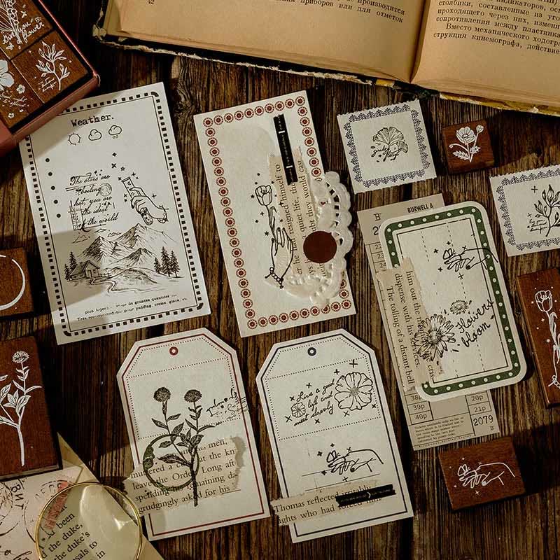 6Pcs Wood Rubber Stamps Set Flowers Plants Decorative Stamp Set