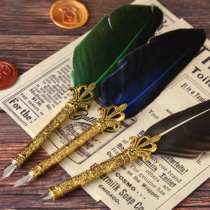 Feather Quill Pen and Ink Set Antique Carving Calligraphy Pen and Ink Set