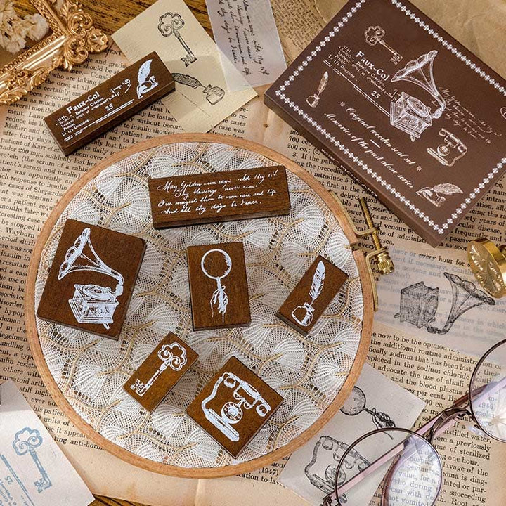 7Pcs Vintage Wood Rubber Stamps Set Theme of Travel Diary Nature Antique