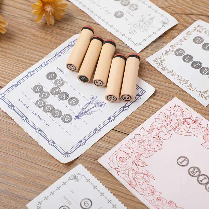 40Pcs Number Round Stamps Wood Rubber Stamps 26 Letters Symbol Seal