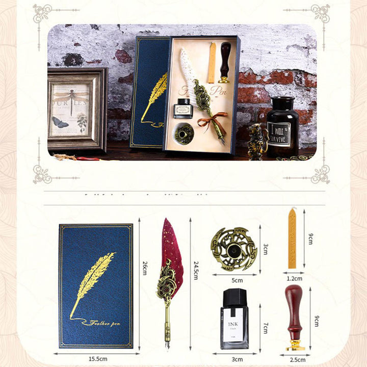 Flame Wings Carving Golden Dots Feather Quill Pen Set with Seal Stamps