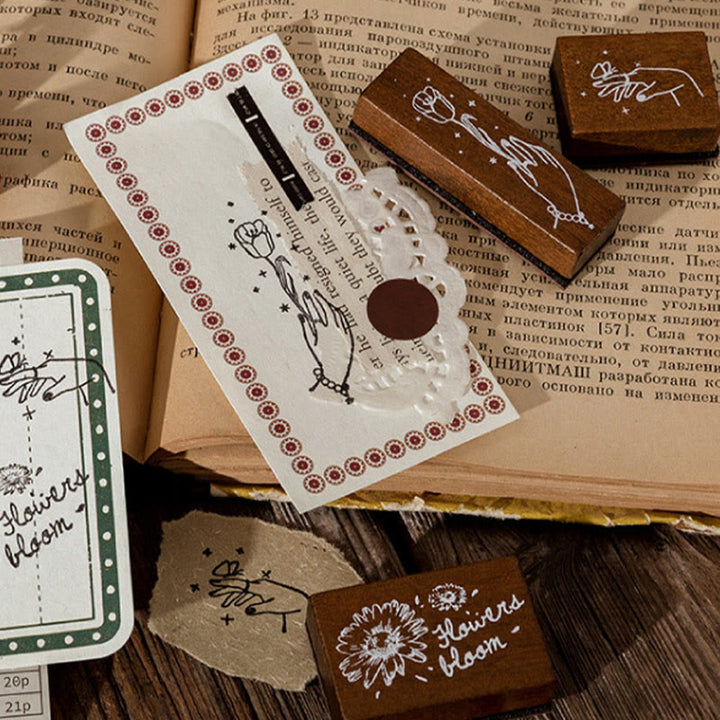 6Pcs Wood Rubber Stamps Set Flowers Plants Decorative Stamp Set