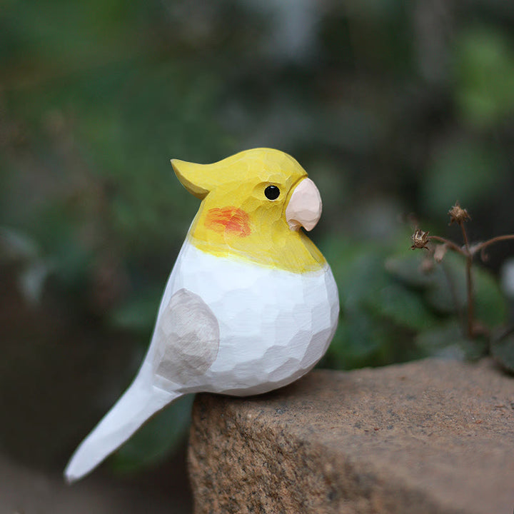 Wooden Bird Figurine Lutino cockatiel Statue Animal Ornament Handmade Simulation