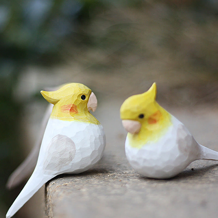 Wooden Bird Figurine Lutino cockatiel Statue Animal Ornament Handmade Simulation