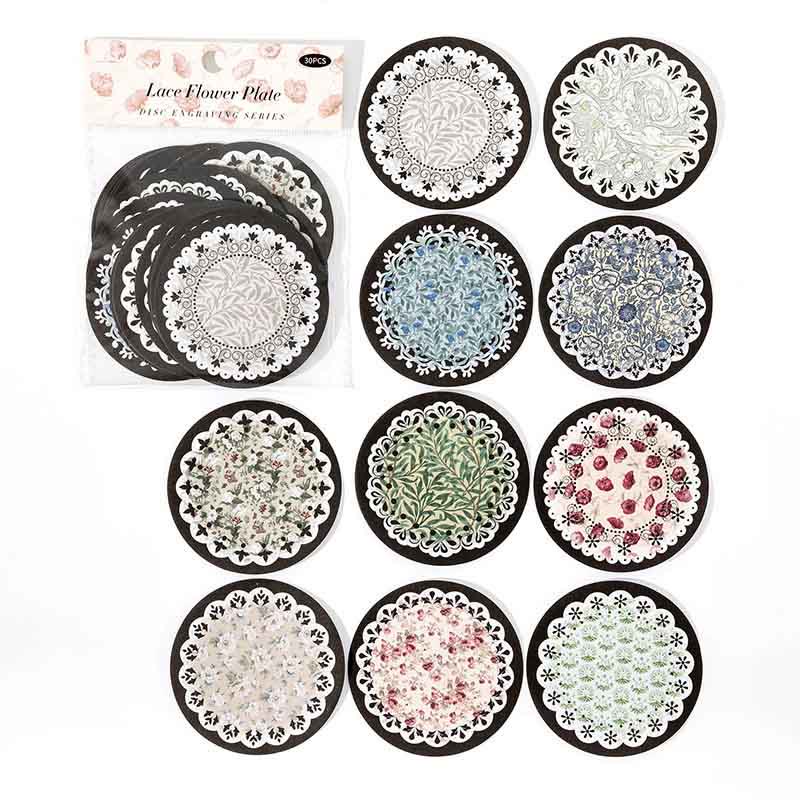 30Pcs Disc Engraving Series Sticker Round Clock Aesthetic Lace Zodiac Sign Scrapbooking Stickers