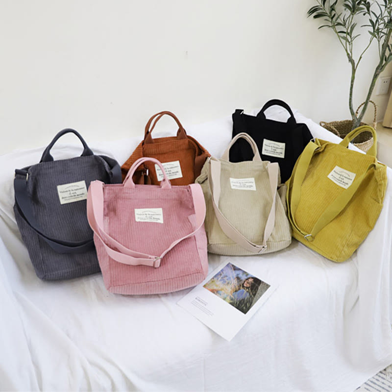 Plain Color Corduroy Shoulder Bag For Women Travel Canvas Tote